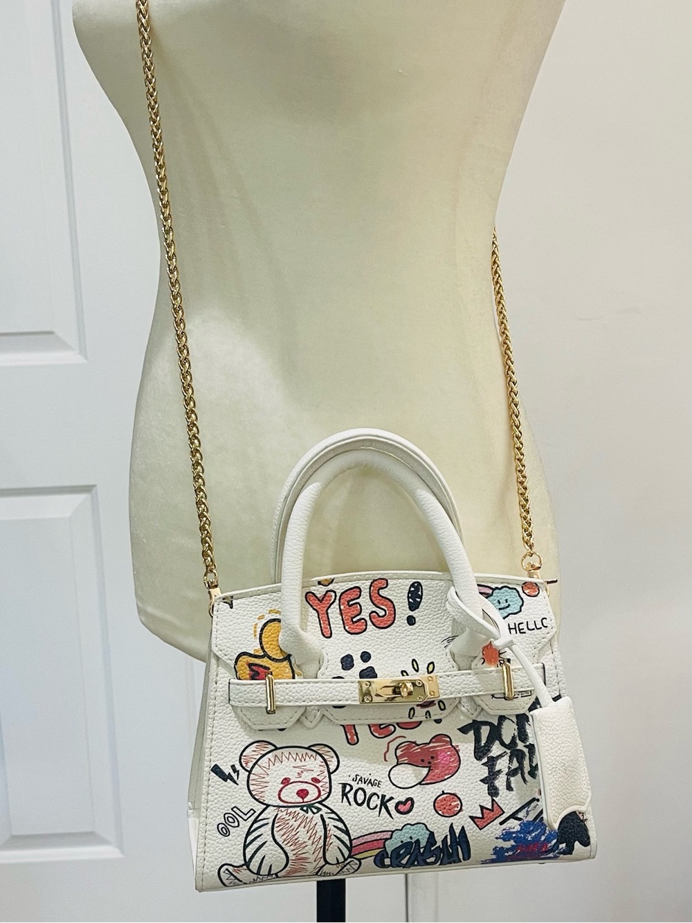 White Graffiti Print Top-Handle Bag - Picture 6 of 16